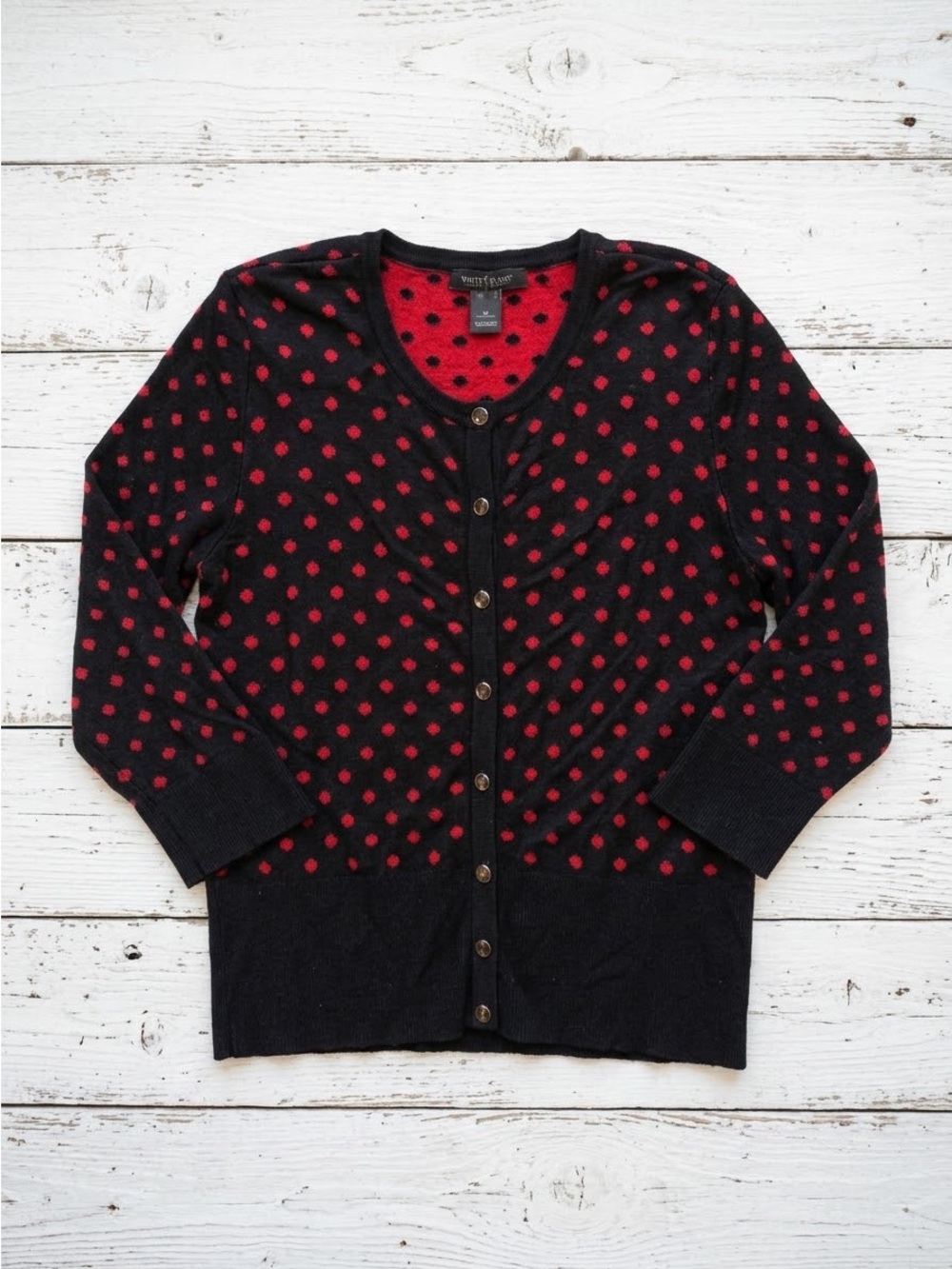 White House Black Market Polka Dot Snap Front Cardigan Sweater Red Black Size M